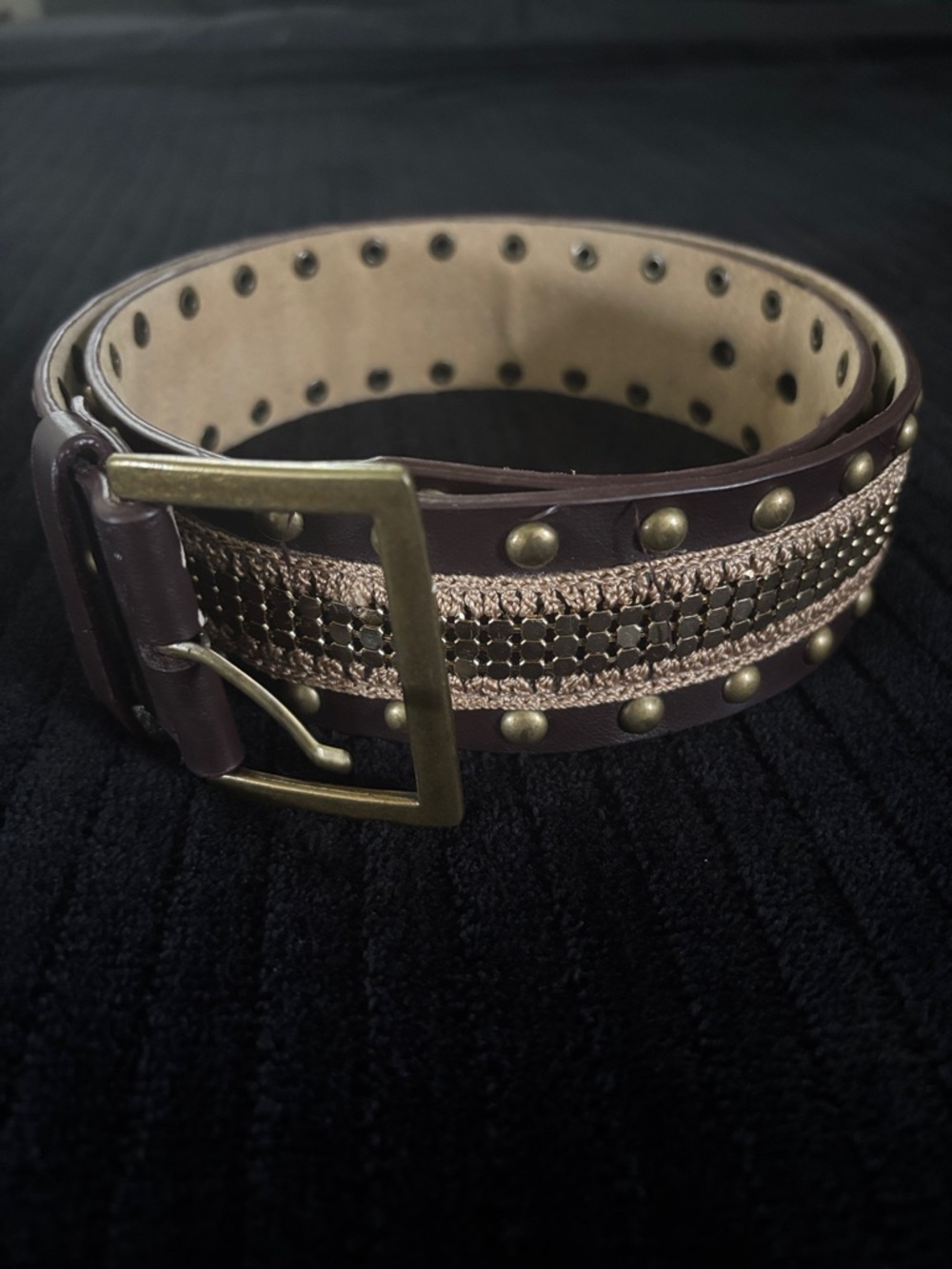 Brown Studded Leather lined Belt with Bronze & Gold Accents 40.5” lg x 2” wide